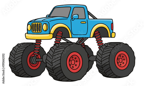 Six-Wheel Blue Monster Truck Cartoon Illustration on White Background