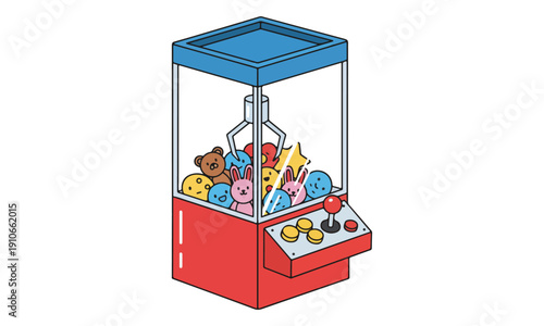 Claw Machine game with plush toys in isometric line art illustration