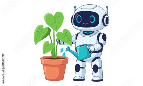 AI Robot Mascot Watering Houseplant in Pot Illustration on White
