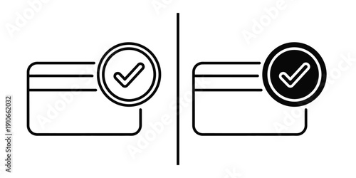 Successful Credit Card Payment and Verified Transaction Vector Icon Set with Checkmark.
