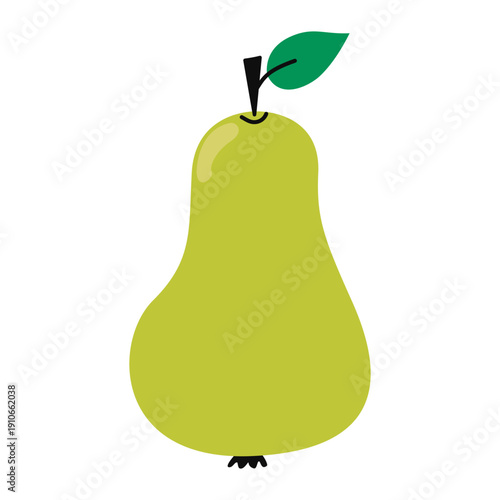 Green pear fruit with leaf, flat vector illustration isolated on white