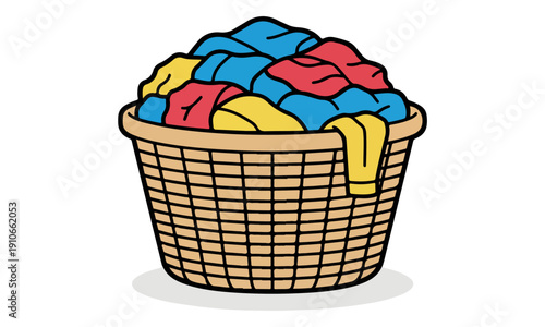 Cartoon Laundry Basket Full of Dirty Clothes on White Background