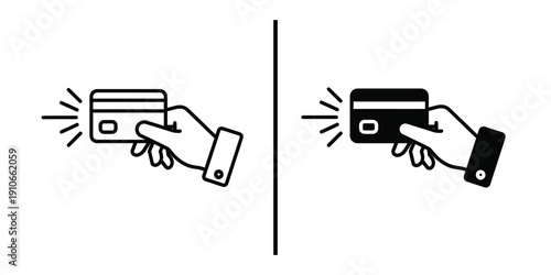 Hand Holding Credit Card for Wireless Payment and Digital Transaction Vector Icon Set.