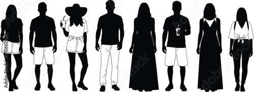 Collection of young men and women silhouettes in casual summer outfits isolated on light background representing modern fashion lifestyle concept