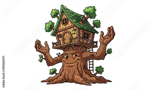 Cartoon Tree Character Holding Wooden Treehouse Isolated Mascot Design