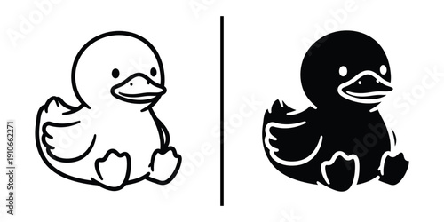 Cute Rubber Duck Toy Vector Illustration Line Art and Silhouette Icon Set for Baby Bath Time.