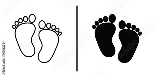 Infant Baby Footprints Vector Illustration Line Art and Silhouette Icon Set for Nursery Design.