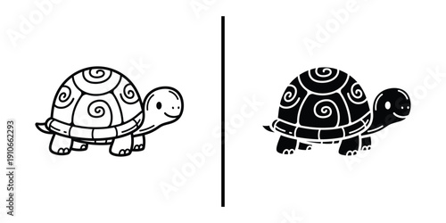 Cute Turtle with Spiral Shell Pattern Vector Illustration Line Art and Silhouette Icon Set.