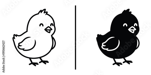 Cute Little Baby Chick Bird Vector Illustration Line Art and Silhouette Icon.