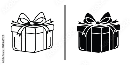 Wrapped Gift Box with Ribbon Bow Vector Icon Line Art and Silhouette Set.