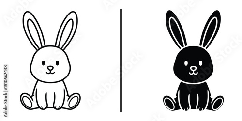 Cute Bunny Rabbit Sitting Vector Illustration Line Art and Silhouette Icon.