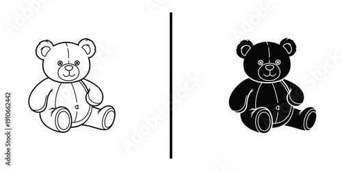 Cute Teddy Bear Sitting Vector Illustration Line Art and Silhouette Icon.