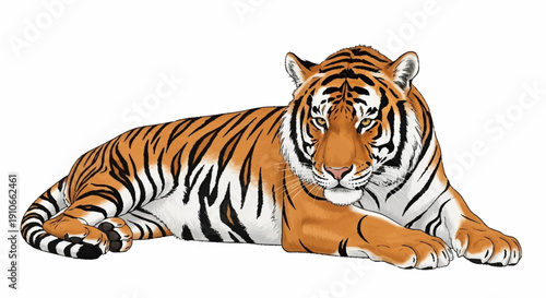 Majestic striped tiger resting calmly on a white background.