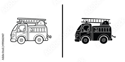 Toy Fire Truck Engine with Ladder Vector Illustration Line Art and Silhouette Icon.