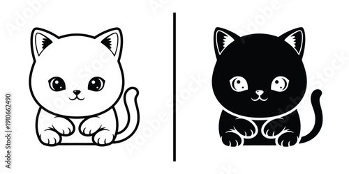 Cute Little Kitten Sitting Vector Illustration Line Art and Silhouette Icon.