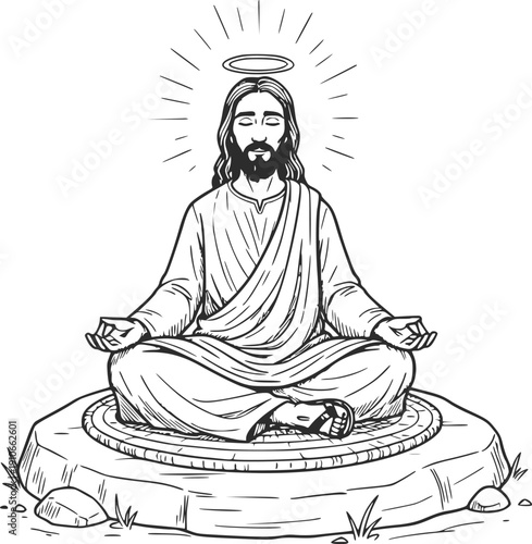 jesus christ meditating in lotus position with halo and rays hand drawn vector illustration on white background with no white fills for easy editing