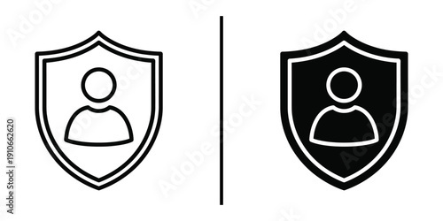 Personal Security Shield and User Protection Icon Set Vector Line and Silhouette