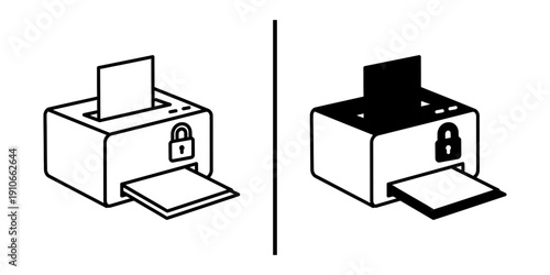 Secure Printer and Document Privacy Protection Icon Set Vector Line and Silhouette
