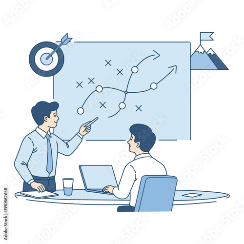 Businessman pointing at a project strategy map on a whiteboard while explaining a plan to a male colleague in an office. Flat vector illustration