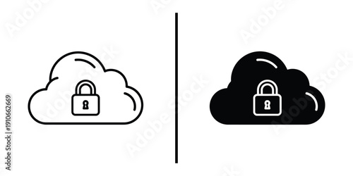 Secure Cloud Storage and Online Data Protection Icon Set Vector Line and Silhouette