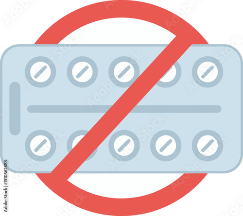 Prohibition sign over a blister pack of pills indicating medication restriction or ban viewed from directly above