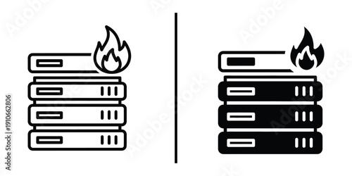 Data Center Server Fire and Disaster Icon Set Vector Line and Silhouette