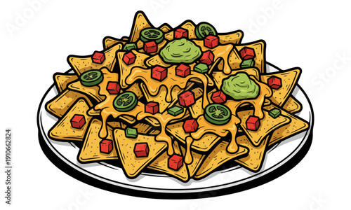 Loaded Nachos Plate with Cheese Sauce and Guacamole Vector Illustration