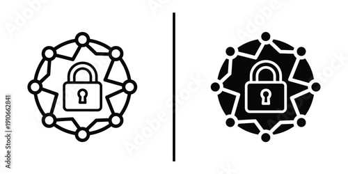 Cyber Security Network and Blockchain Protection Icon Set Vector Line and Silhouette