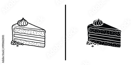 Layer Cake Slice with Cream Topping Icon Set Vector Line and Silhouette