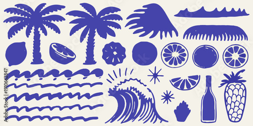 Blue tropical elements palm trees citrus fruits and ocean waves design