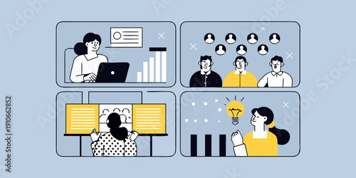 Digital collaboration and brainstorming a series of online meeting snapshots