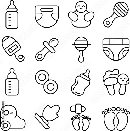 Baby icon set featuring newborn essentials including bottle, pacifier, diaper and toys, simple outline vector collection for parenting, childcare, nursery design and infant product graphics