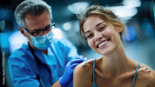 Dermatologist examining moles on a woman shoulder in a clinic, skin cancer screening and early detection concept