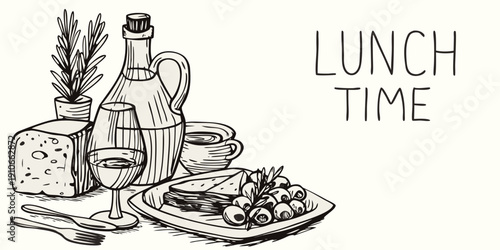 A vintage style illustration of lunch items with handwritten text