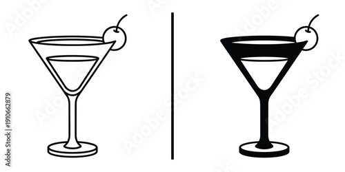Martini Cocktail Glass with Cherry Garnish Icon Vector Set