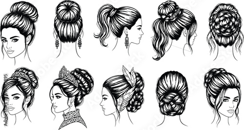 Elegant women hairstyles collection with bun ponytail and braided updo detailed black and white line art illustration set