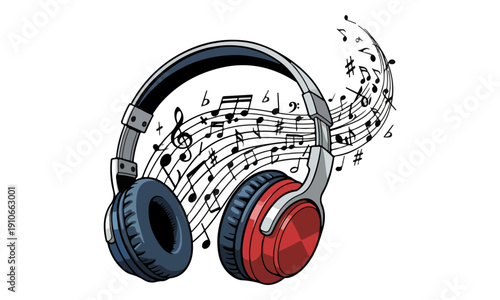 Red and Blue Headphones with Flowing Music Notes Vector Illustration