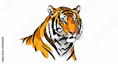 Majestic tiger head illustration with vibrant orange and black stripes.