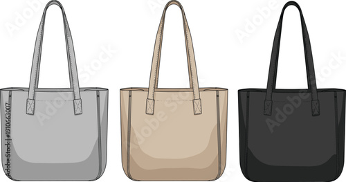 Minimalist illustration of three tote bags in gray, beige, and black colors, showcasing fashion accessories, retail product variations, and stylish reusable shopping bag design concepts.