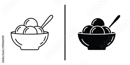 Gelato Ice Cream Bowl with Spoon Icon Set Vector Line and Silhouette