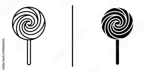 Swirl Lollipop Candy on Stick Icon Set Vector Line and Silhouette