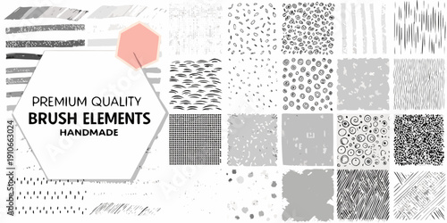 Collection of handmade brush strokes and textures with a red hexagon