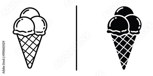 Triple Scoop Ice Cream Cone Icon Set Vector Line and Silhouette