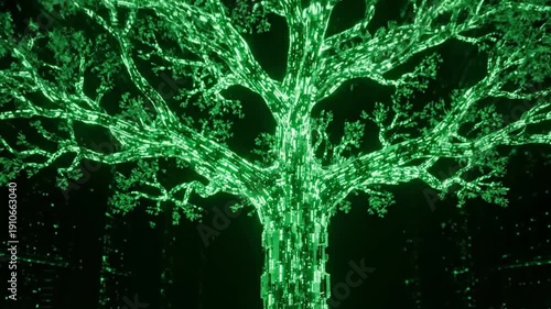 An animation of a glowing green digital tree with intricate roots, symbolizing growth, AI, and information networks. Perfect for projects on technology, sustainability, and data.