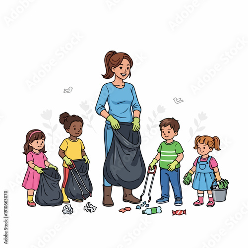 Woman and children doing community clean up, collecting litter. Group performs environmental activity, picking up plastic bottles, paper, wrappers, using gloves and bags.