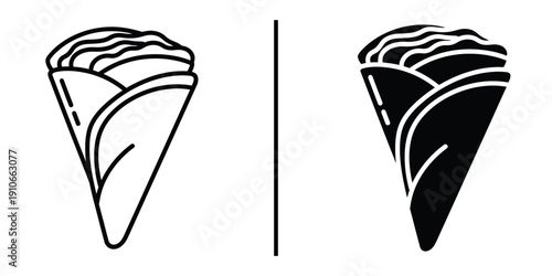 French Crepe and Street Food Wrap Icon Set Vector Line and Silhouette