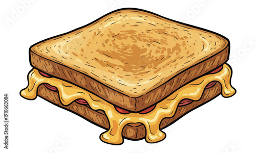 Melted Cheese Sandwich Cartoon Illustration on White Background