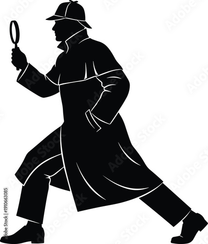 Silhouette of detective in trench coat with magnifying glass, symbolizing mystery investigation, crime solving, search for clues, and classic detective character concept illustration.