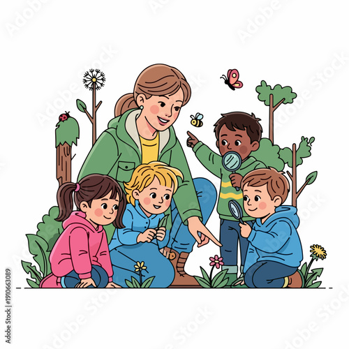 Adult teacher guides diverse children in nature exploration, observing insects, plants in outdoor setting. Young kids use magnifying glass for hands on nature exploration, actively discovering nature.
