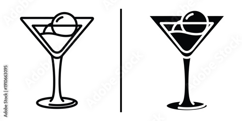 Cocktail Glass and Martini Drink Icon Set Vector Line and Silhouette